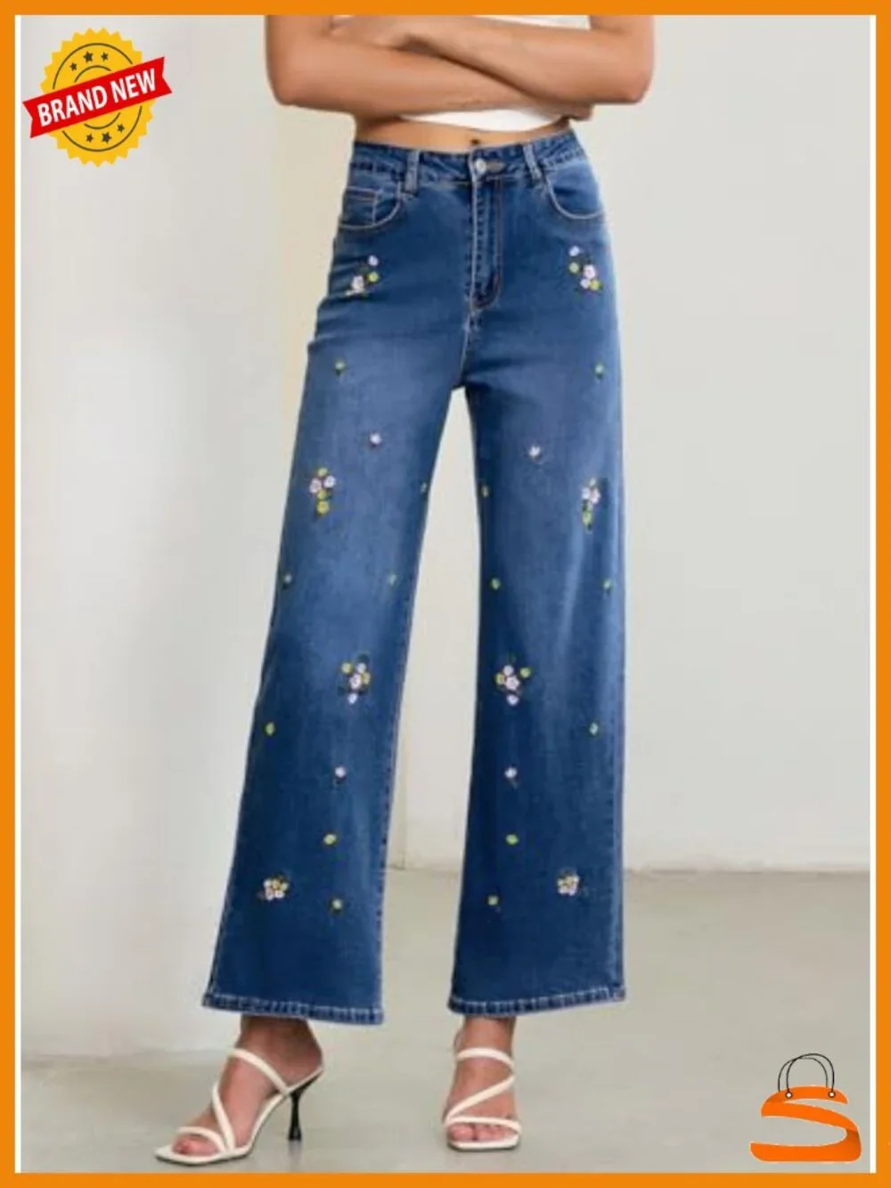 High Waisted Straight Wide Leg Embroidered Jeans